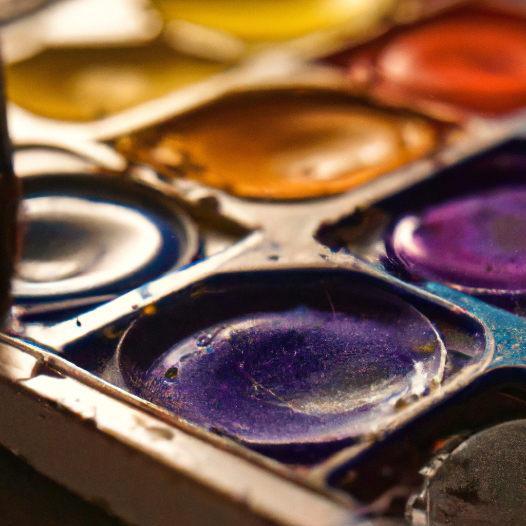 Close-up of watercolor palette with glossy paint pools and brushes