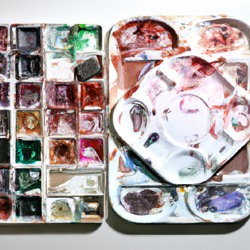Top view of watercolor palettes and ceramic mixing trays with soft studio shadows on a minimal table